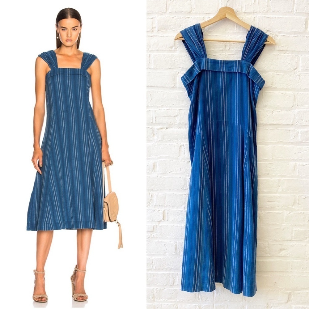 The Great. || Sundown Midi Dress Blue Tiller Stripe Cotton Size 1‎ / Small